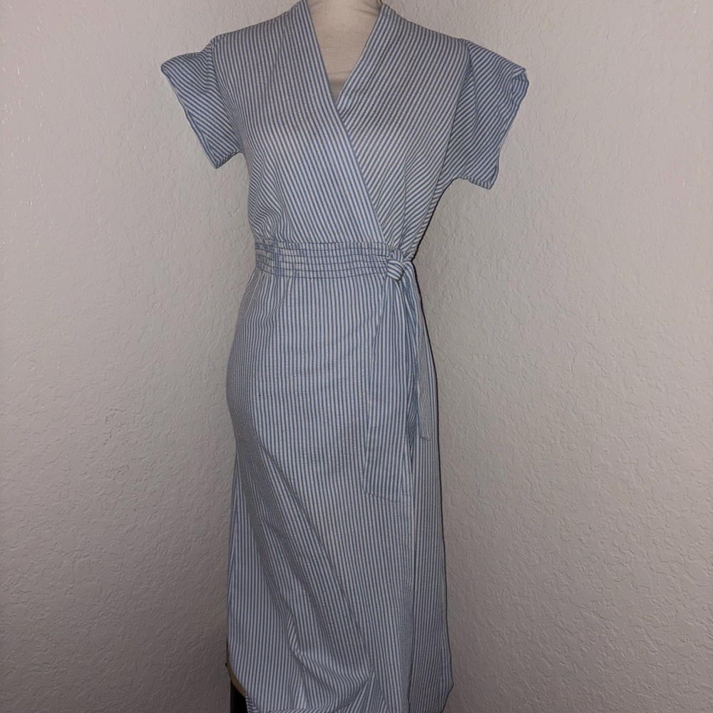 Neiman Marcus Blue and White Striped Midi Dress